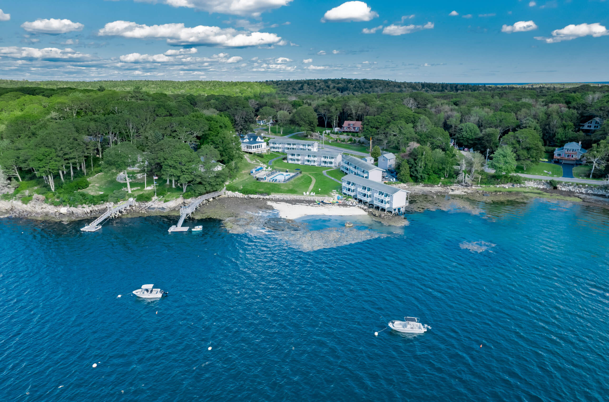 An aerial view of Smuggler's Cove Inn, one of the best places to stay in the Boothbay Harbor region.